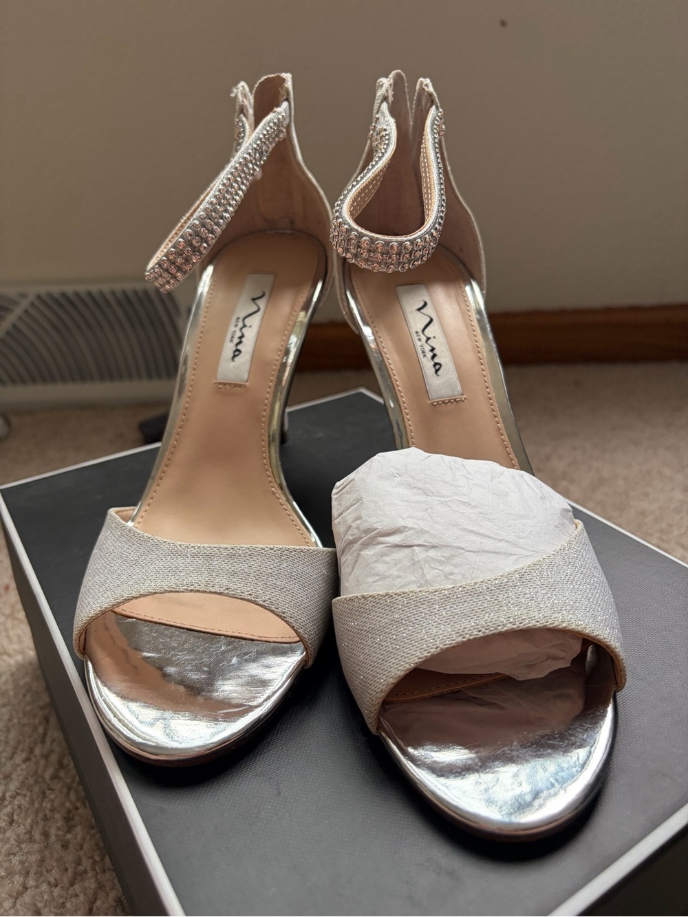 Nina Silver Sparkle Ankle-Strap Heels